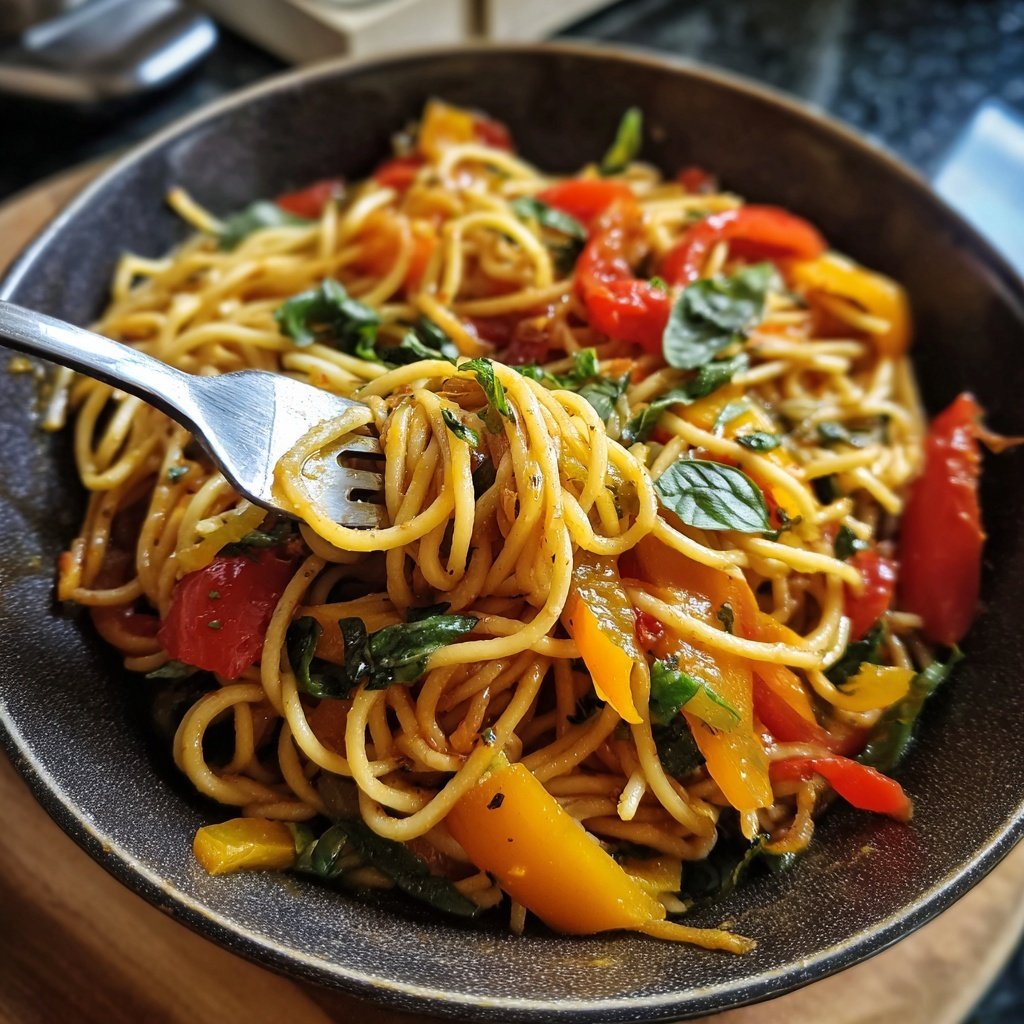 Mittagessen mit Nudeln und Gemüse