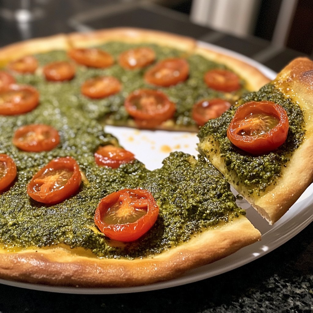 Pizza mit Pesto und Kirschtomaten